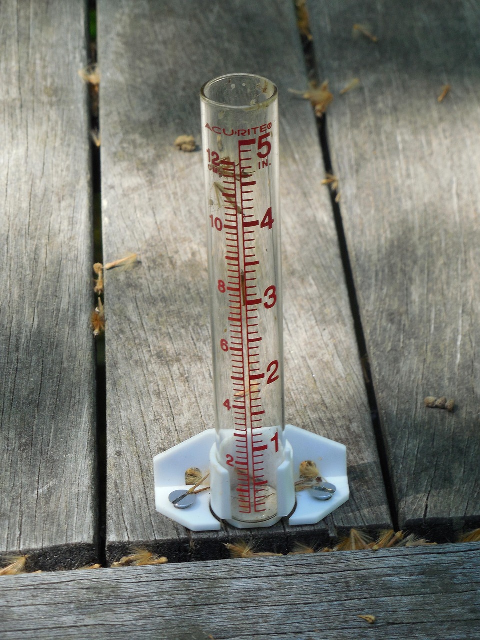 Ein einfacher Regemesser festgeschraubt auf einem Holzboden